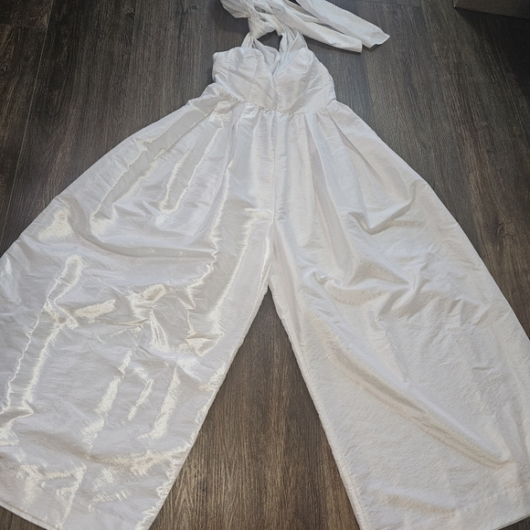 Free People Jade Jumpsuit Ivory Sz S Wide Leg Waist Tie Halter Vacation Resort - Picture 7 of 16